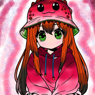 girl with anime shaped eyes with a dinosaur bucket hat oversized sweatshirt long straight hair