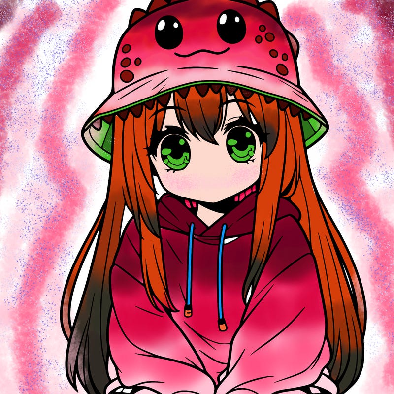 girl with anime shaped eyes with a dinosaur bucket hat oversized sweatshirt long straight hair