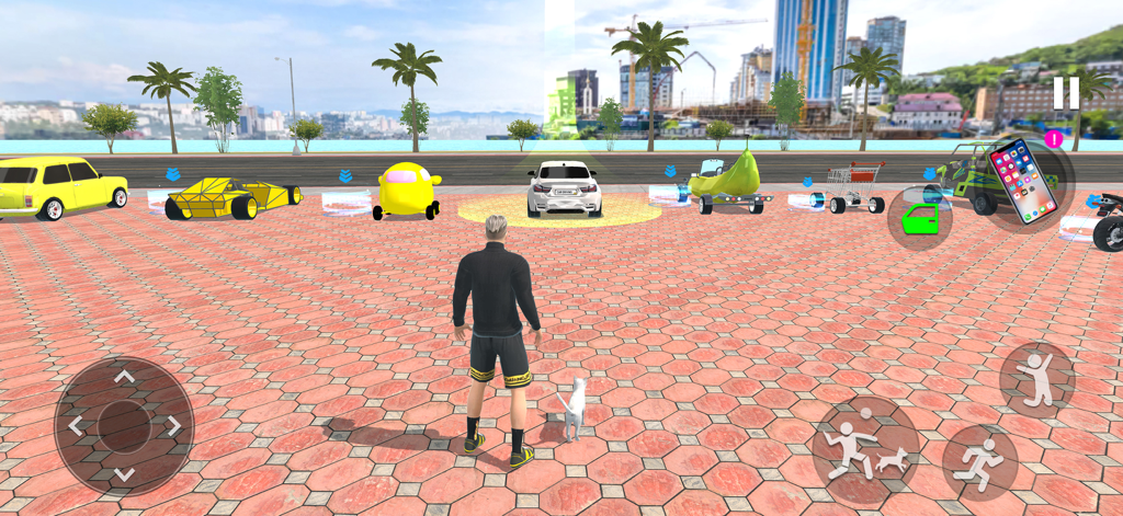 Car Simulator City Car Driving - Eine Figur und eine weiße Katze auf einem Stadtplatz, umgeben von einzigartigen Fahrzeugen, darunter ein Bananenauto und ein Einkaufswagen in einem Autofahrsimulator.