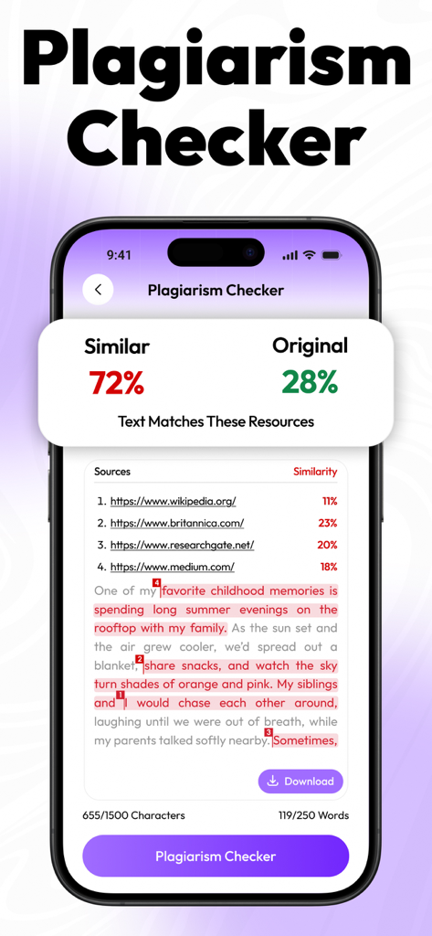 Interface do verificador de plágio do aplicativo Humanize AI mostrando porcentagem de similaridade e fontes