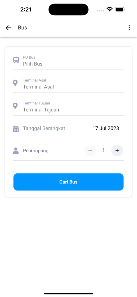Darmawisata Indonesia - Bus ticket search form on Darmawisata Indonesia app