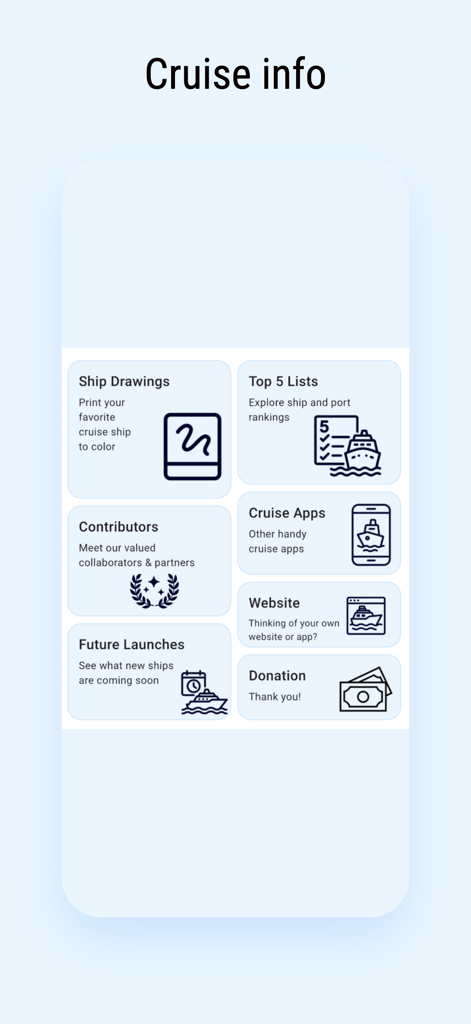 CruiseLegend - CruiseLegend app menu displaying options for ship drawings rankings and future cruise ship launches