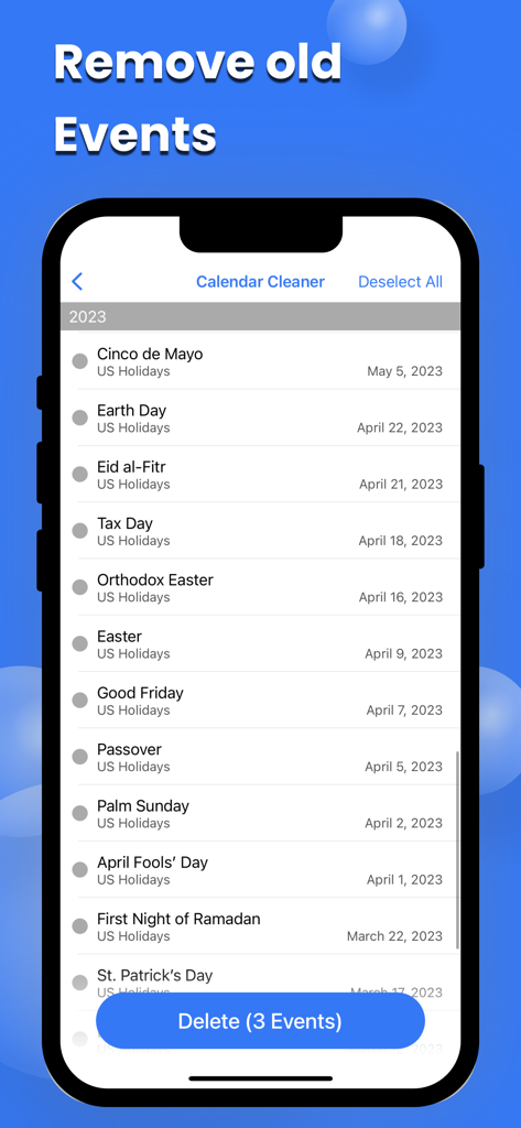 Phone Cleaner - Smart Clean Up - Interface showing the calendar cleaner feature to remove old events and free up space