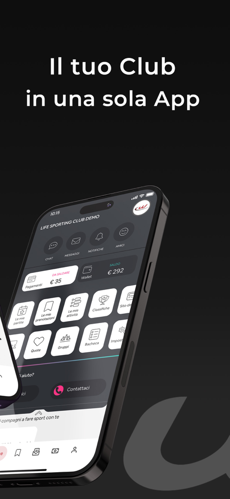 Pantalla de smartphone que muestra el panel de la aplicación del club de tenis TC Noventa di Piave
