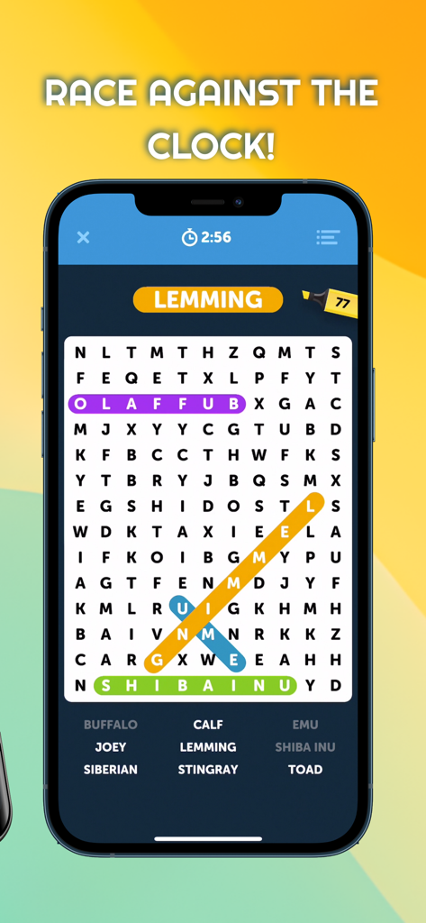 Infinite Word Search Puzzles gameplay showing a timed word search grid with highlighted animal names