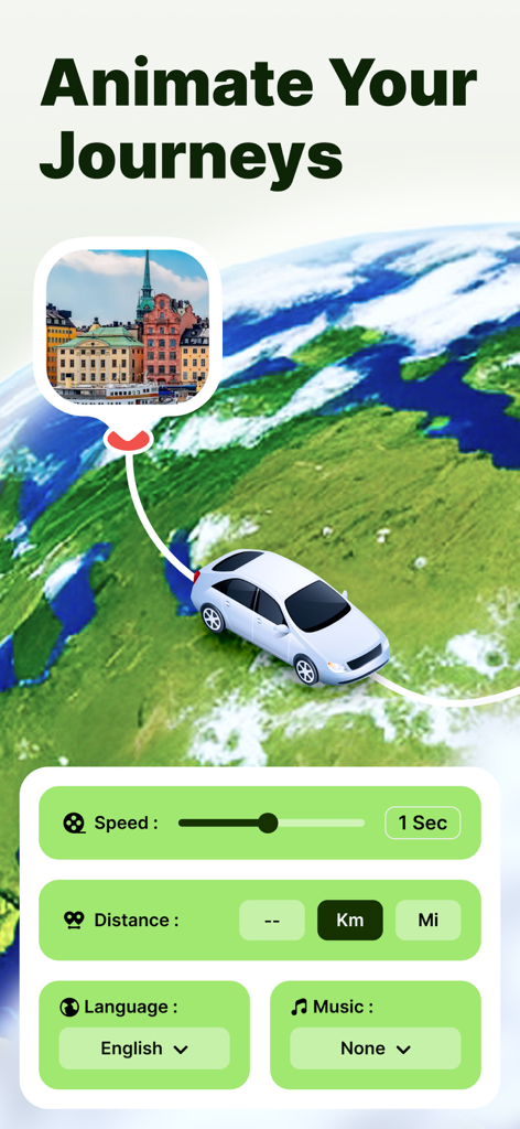 Travel Route Animation Video - Interface d'application montrant une animation de voiture 3D sur une carte avec des paramètres d'édition vidéo de voyage