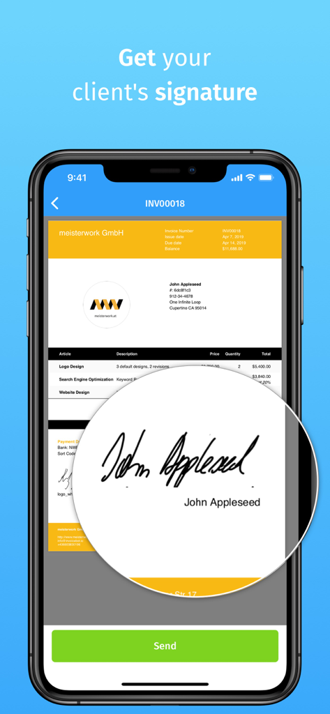 プロフェッショナルな請求書にクライアントのデジタル署名が表示されたモバイルアプリ画面
