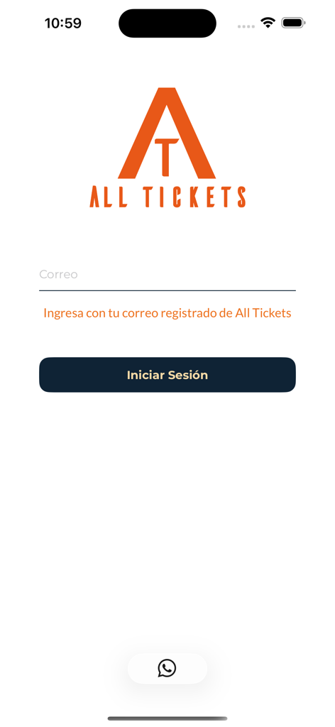 All Tickets App - Login screen of the All Tickets app showing an email field and an orange logo