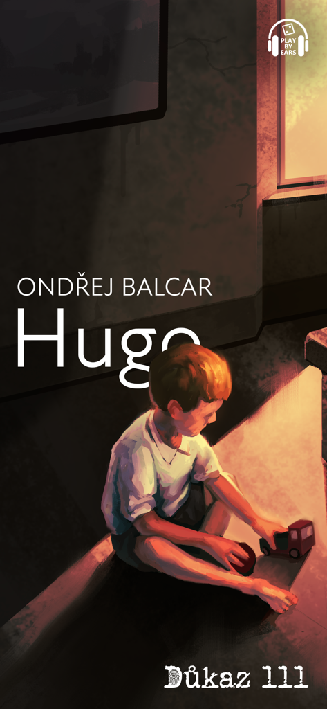 Důkaz 111 - Una ilustración de un niño llamado Hugo jugando con un camión de juguete del juego de audio de misterio Dukaz 111.