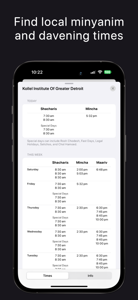 YidKit: Smart Siddur, Zmanim - Interface of the YidKit app showing local minyanim and daily prayer times for Shacharis Mincha and Maariv