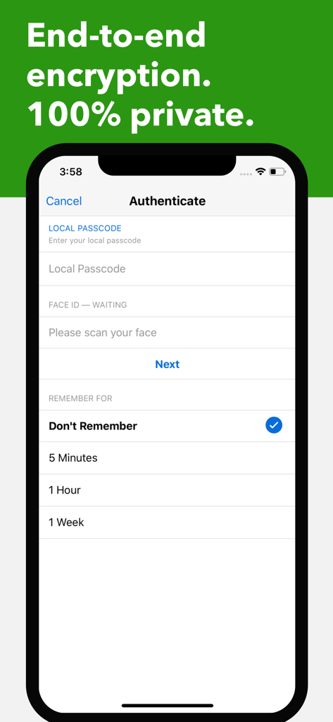 Tela de autenticação do Standard Notes mostrando opções de segurança de senha local e Face ID