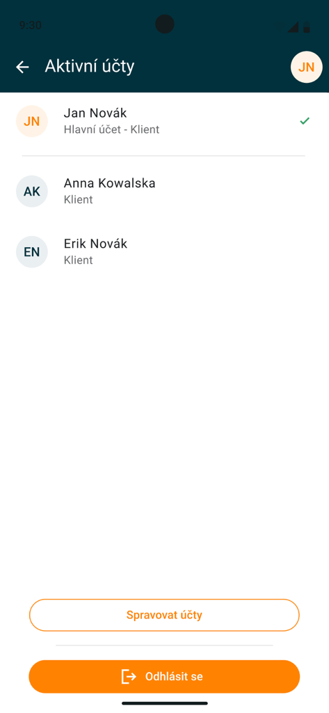 Interface do aplicativo My Conseq 2.0 mostrando uma lista de contas de usuários ativas e configurações de gerenciamento