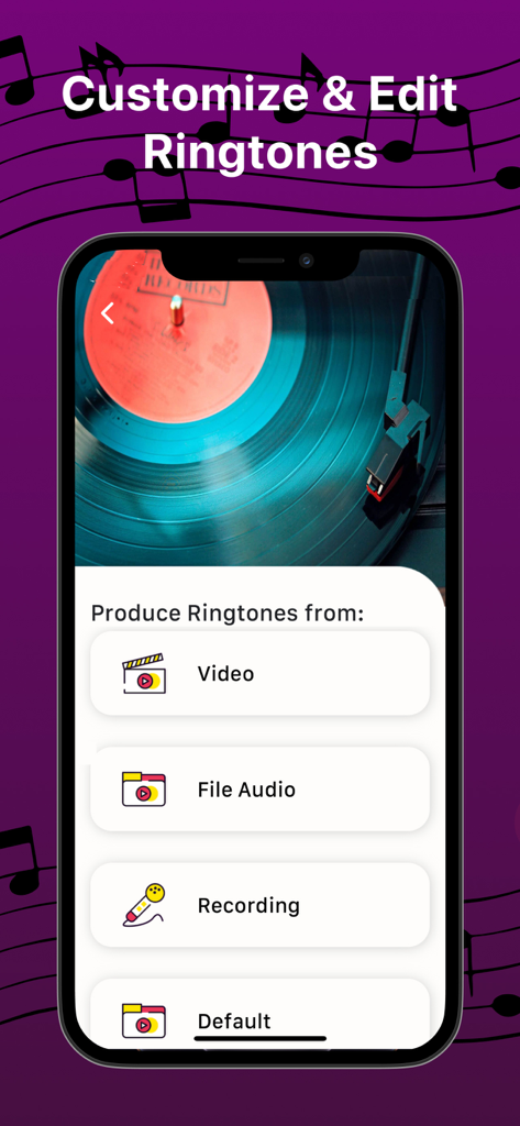 Ringtone Maker - Ringtones - Pantalla de la aplicación Ringtone Maker mostrando opciones para crear tonos de llamada personalizados a partir de video, archivos de audio o grabaciones de voz