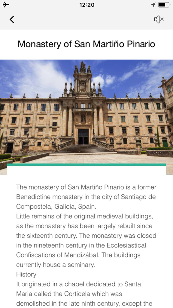 Santiago de Compostela Tourism - Schermata dell'app che mostra informazioni e foto del Monastero di San Martino Pinario a Santiago de Compostela