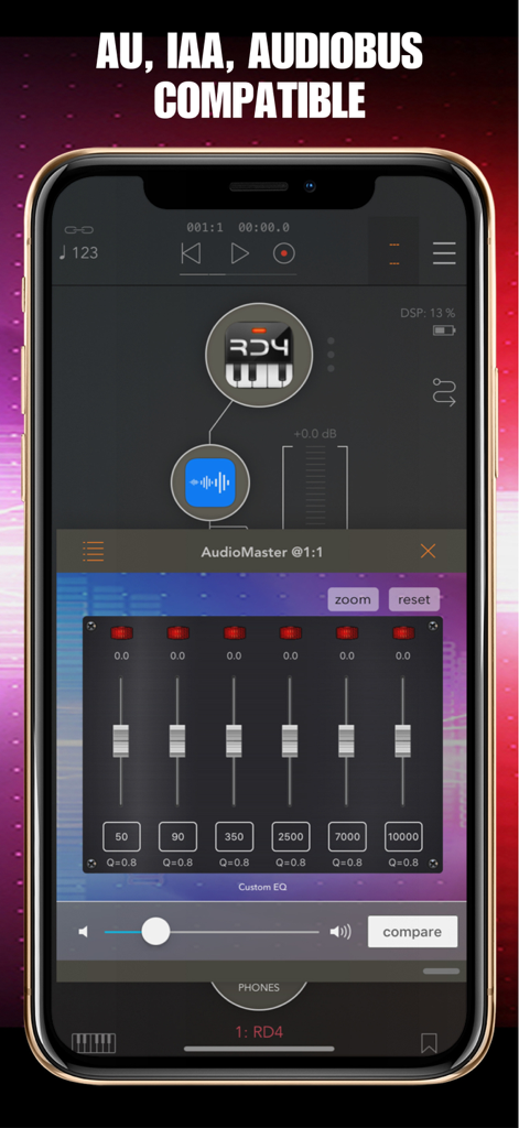AudioMaster: Audio Editor - AudioMaster app interface showing a 6 band custom equalizer and AU IAA Audiobus compatibility