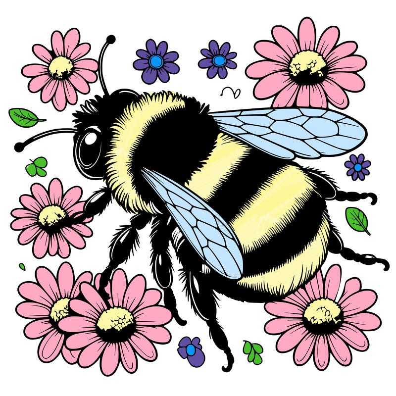 realistic bumble bee with cute daisies around it
