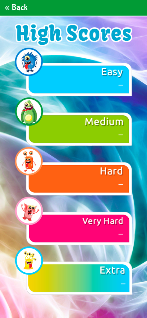 Cute Monsters Matching Game - The High Scores menu of the Cute Monsters Matching Game showing buttons for Easy, Medium, Hard, Very Hard, and Extra levels with colorful monster icons.