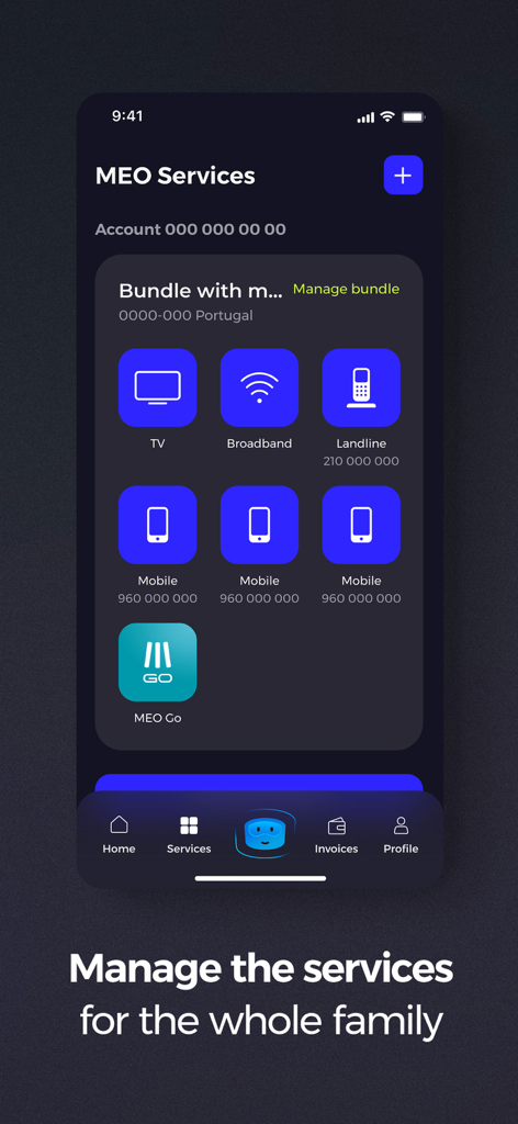Dashboard dell'app my MEO che mostra icone per TV, banda larga, telefono fisso e più servizi mobili per la gestione familiare
