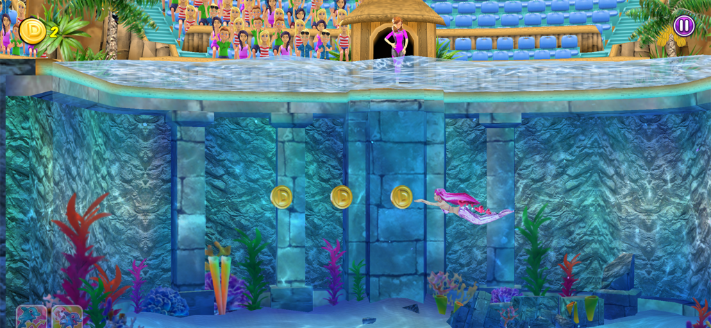 My Dolphin Show - A mermaid character swims underwater to collect gold coins in a pool show
