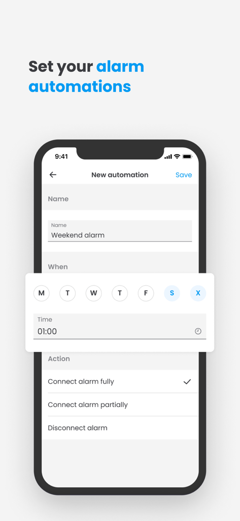 Pantalla de móvil mostrando la configuración de una nueva automatización de alarma con programación y opciones de acción en la aplicación Movistar Prosegur Alarmas.
