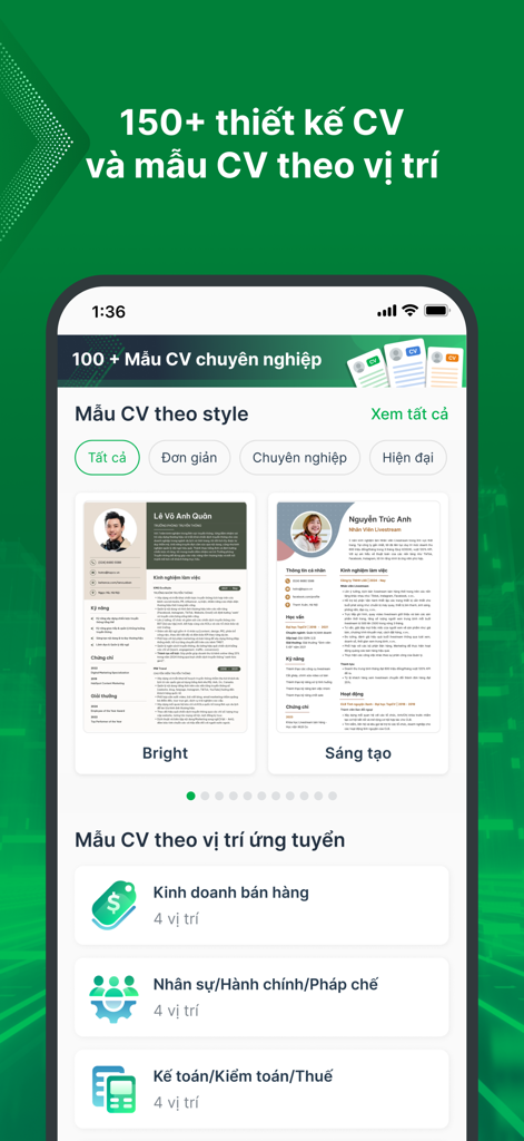 TopCV mobile app interface showing a selection of professional CV templates and job categories in Vietnamese