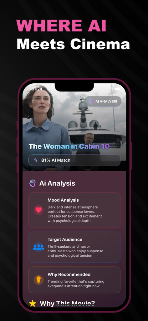 Interface de l'application Hi TV montrant l'analyse IA d'un film, y compris l'humeur et les détails du public cible.