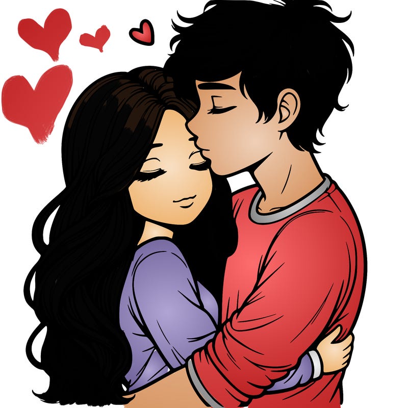 a realistic couple boy and girl hugging and kissing