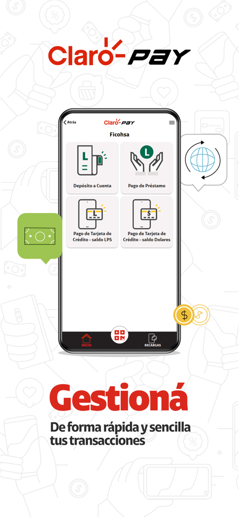 Claro Pay Honduras - Claro Payホンジュラスアプリのモバイル画面。デポジットとクレジットカード支払いのオプションが表示されています。