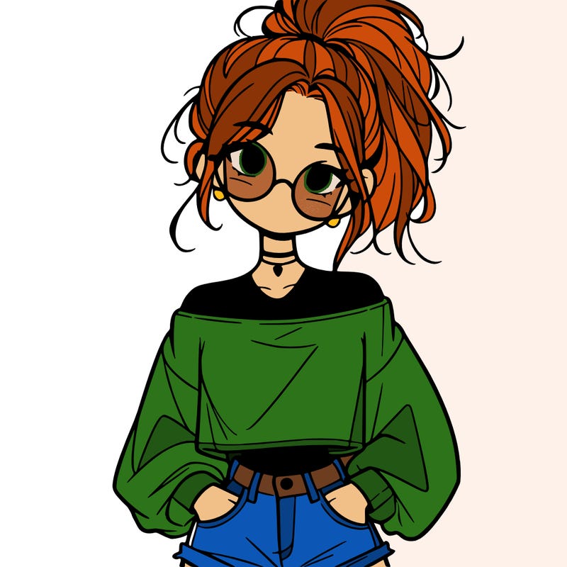 girl with a messy ponytail glasses a baggy crop top and jean shorts