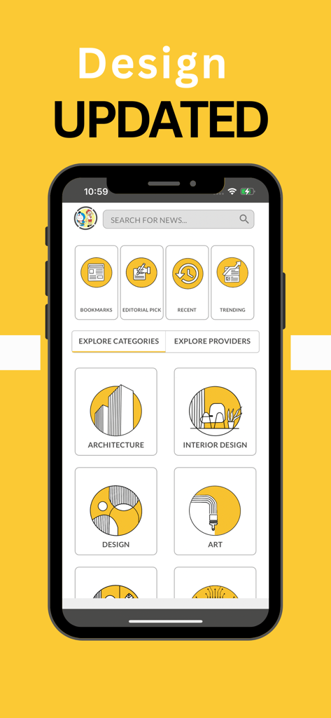 BLENDIN - Design News Inshort - Interfaz de la aplicación BLENDIN que muestra categorías de noticias para arquitectura, diseño de interiores y arte