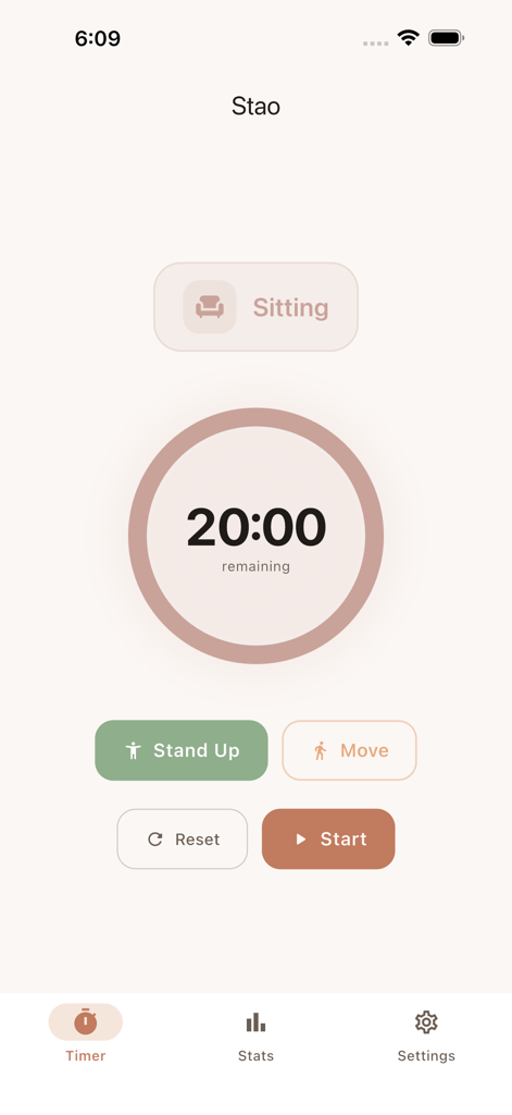 Stao: Standing Desk Reminder - Minimalist sitting timer screen in the Stao app featuring a 20-minute countdown and buttons to stand up or move.