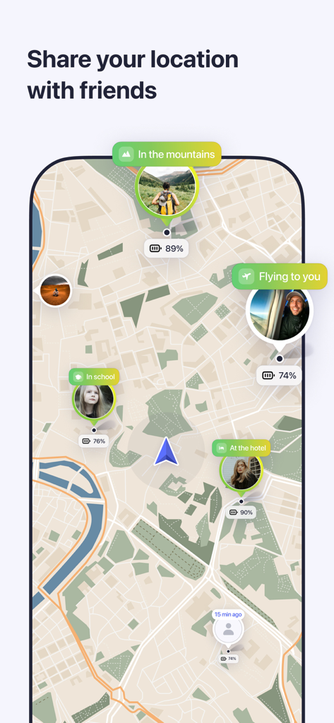 A map showing real-time location sharing with friends including status updates and phone battery levels