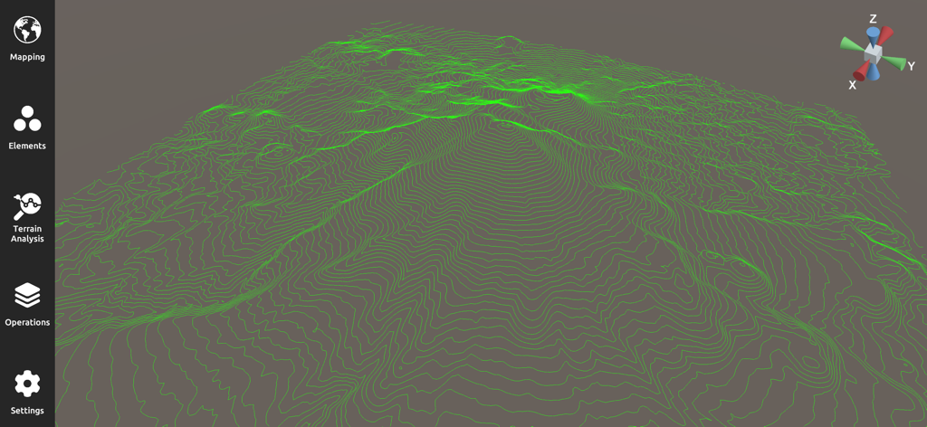 3D Mappa - GIS & Topo Analysis - Una mappa topografica 3D con linee di contorno verdi per l'analisi del terreno GIS