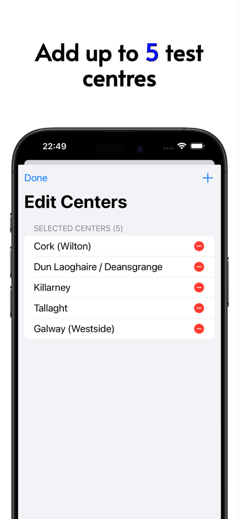 Interface for selecting and monitoring up to five driving test centers for available cancellations