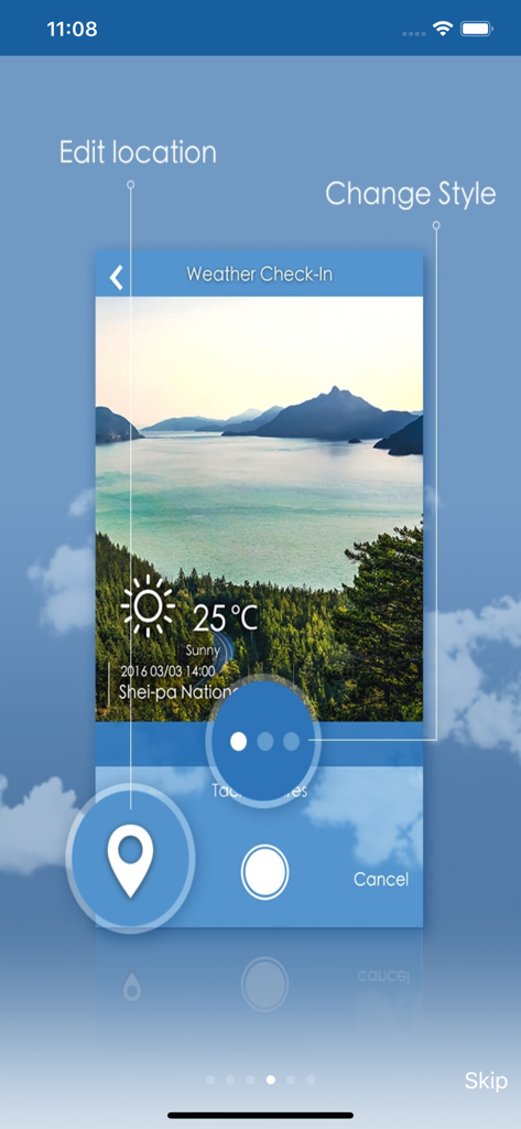 Taiwan Weather app check in feature showing a sunny day at a scenic lake