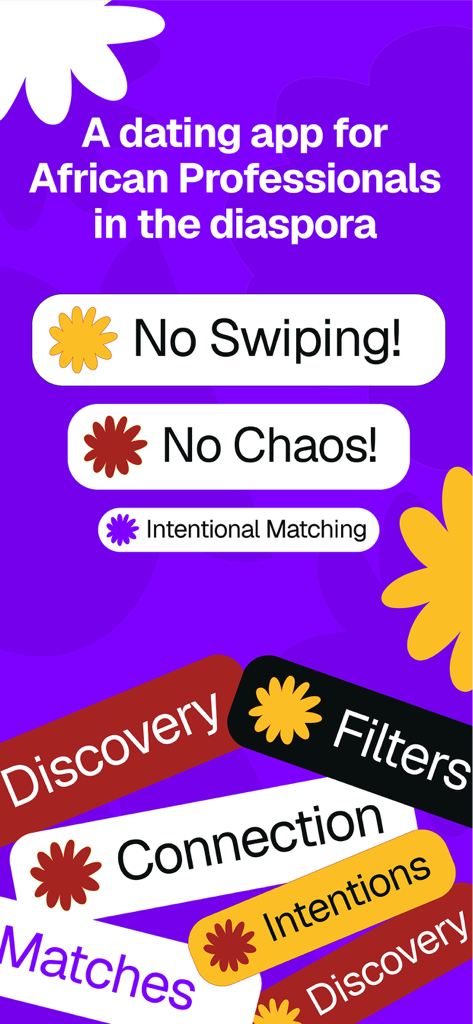 Tova Dating - Introductory screen for Tova Dating app highlighting intentional matching and no swiping for African professionals in the diaspora.