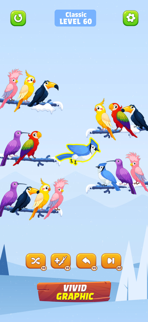 Pájaros coloridos posados en ramas nevadas en la interfaz del juego Bird Sort Color Puzzle