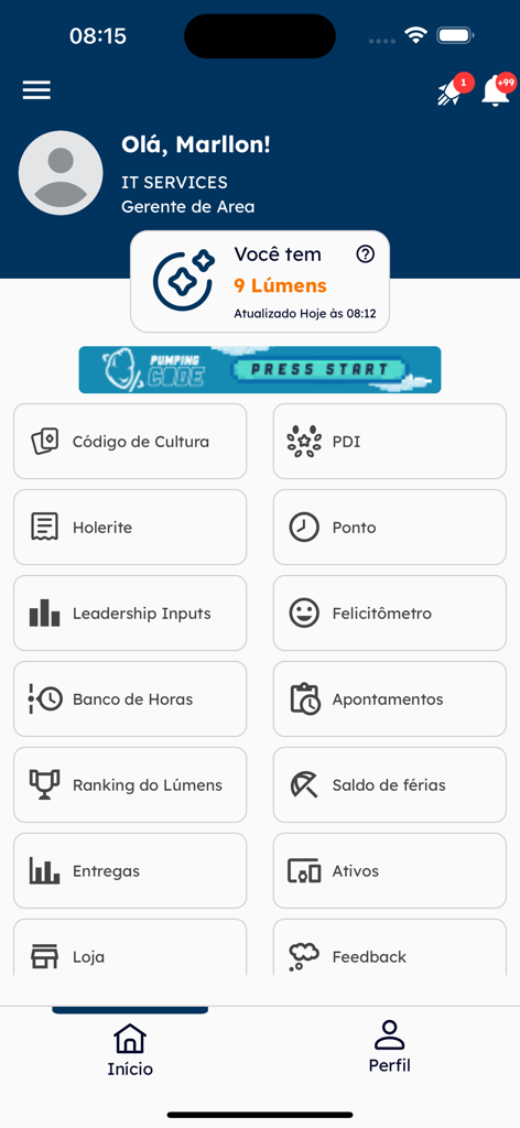 MySpace - Dashboard of the MySpace enterprise app showing employee profile gamification points and HR management features