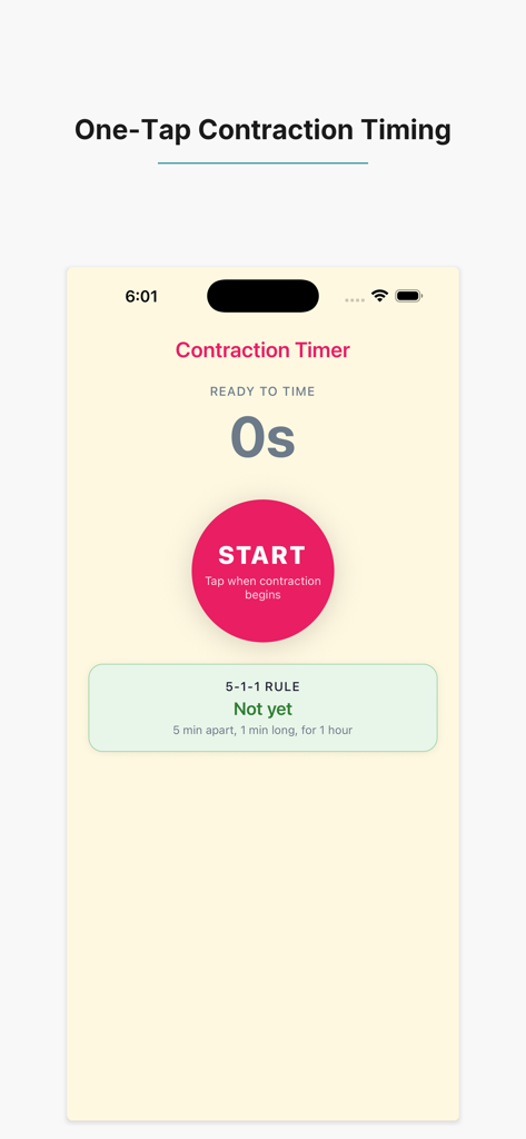 Contraction Timer: 5-1-1 - Main interface of the Contraction Timer app featuring a large pink start button and 5-1-1 rule tracking information.