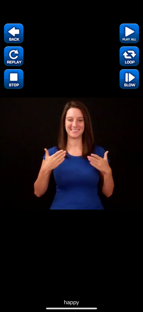 ASL Dictionary Sign Language - Demostración en video de la seña de Lengua de Señas Americana para 'feliz' con controles de reproducción como cámara lenta y bucle