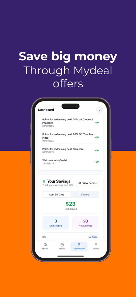 MyDeals: Local Deals & Rewards - The dashboard of the MyDeals app displaying reward points earned and total money saved from local restaurant and lifestyle offers.