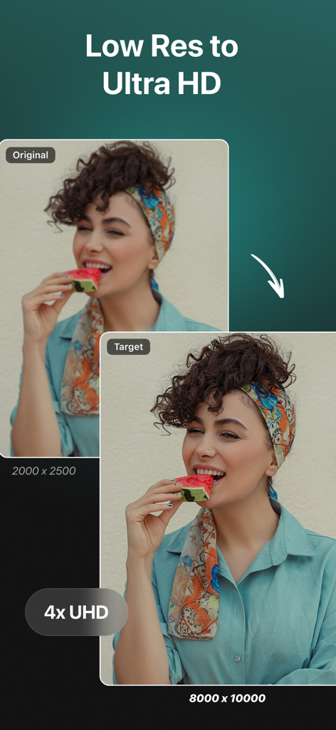 Upscal - Image & Video Enhance - A photo being upscaled from low resolution to 4K Ultra HD using AI