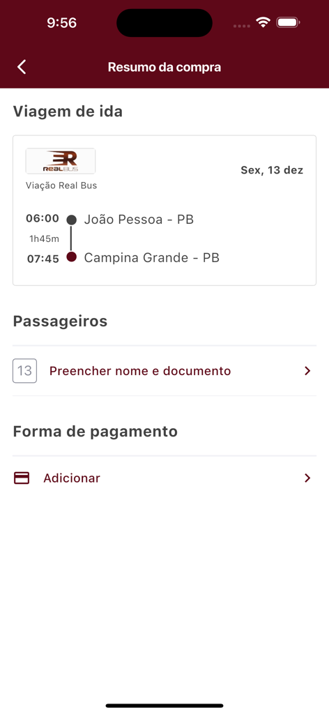Purchase summary screen of the Real Bus app showing travel details from Joao Pessoa to Campina Grande.