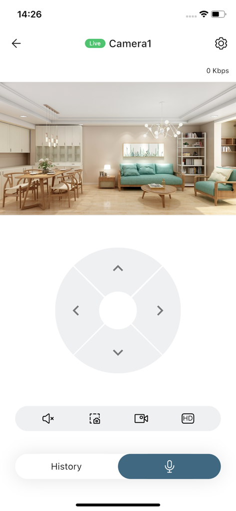 Dristi app screenshot displaying a live security camera feed of a living room with PTZ controls