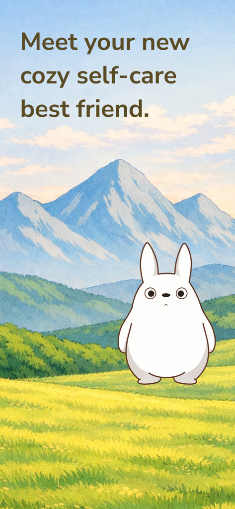 Koda: Cozy Self-Care - Cute white forest spirit Koda in a peaceful green meadow with mountains