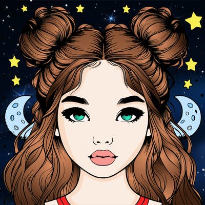 realistic girl with buns in her hair surrounded by stars and the moon