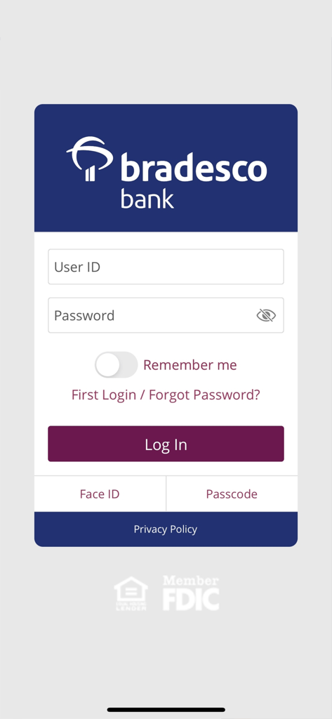 Bradesco Bank - Secure login screen for Bradesco Bank mobile application