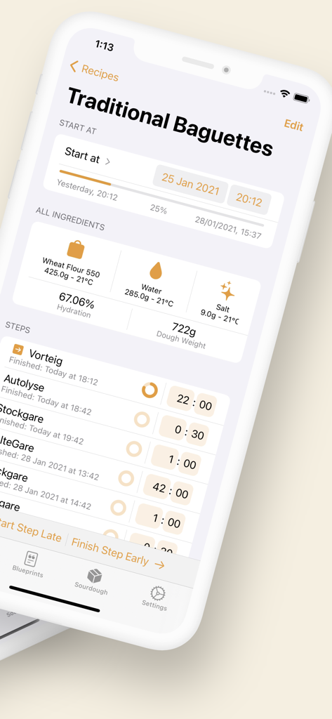 BreadMe - Sourdough planner - BreadMe app interface with baguette recipe details and baking schedule