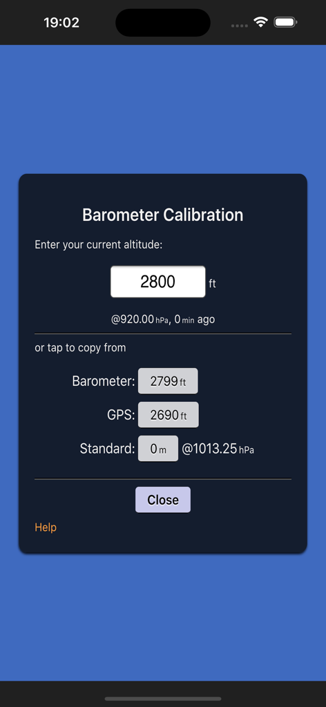 Altimeter (Barometer) - Barometer calibration screen showing current altitude input and GPS reference data