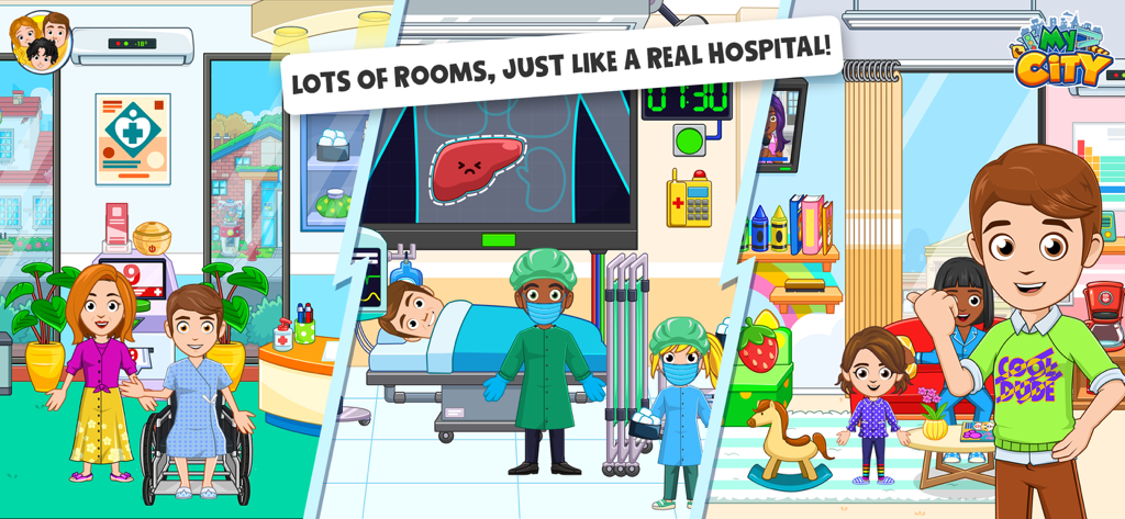 My City: Doctor Hospital - マイシティ ドクターホスピタルアプリのさまざまなインタラクティブな病院の部屋とキャラクターを示すコラージュ。